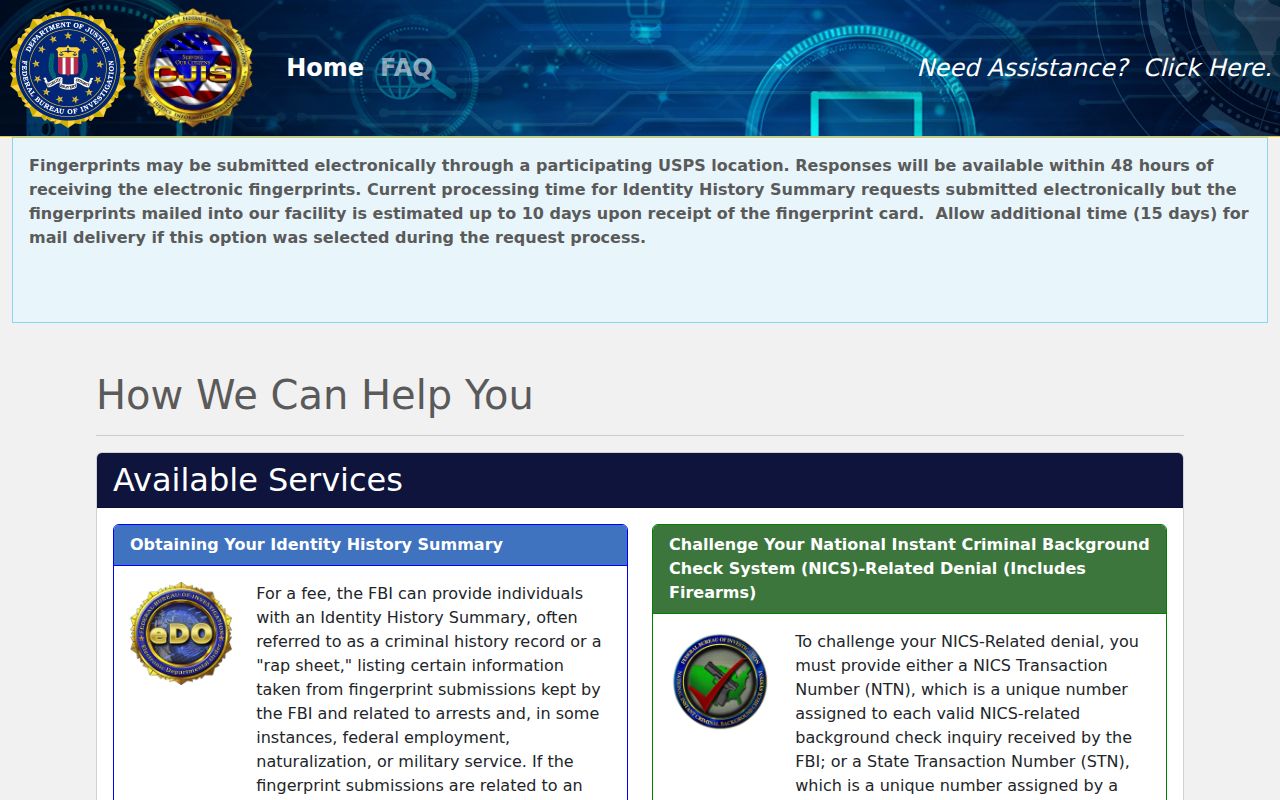 FBI personal history order portal for a Fayette County arrest record review