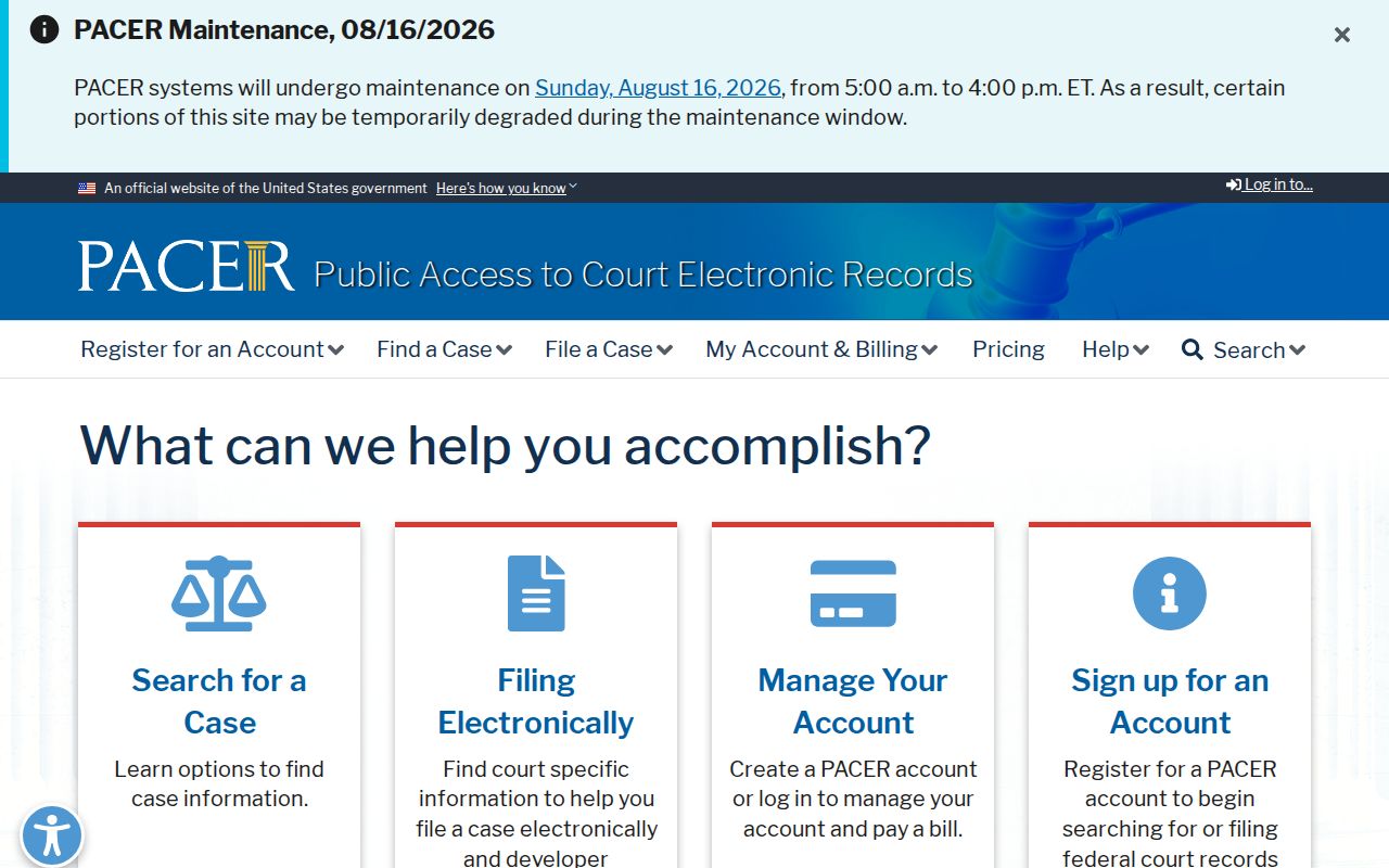 PACER gateway for federal criminal court cases involving Fayette County