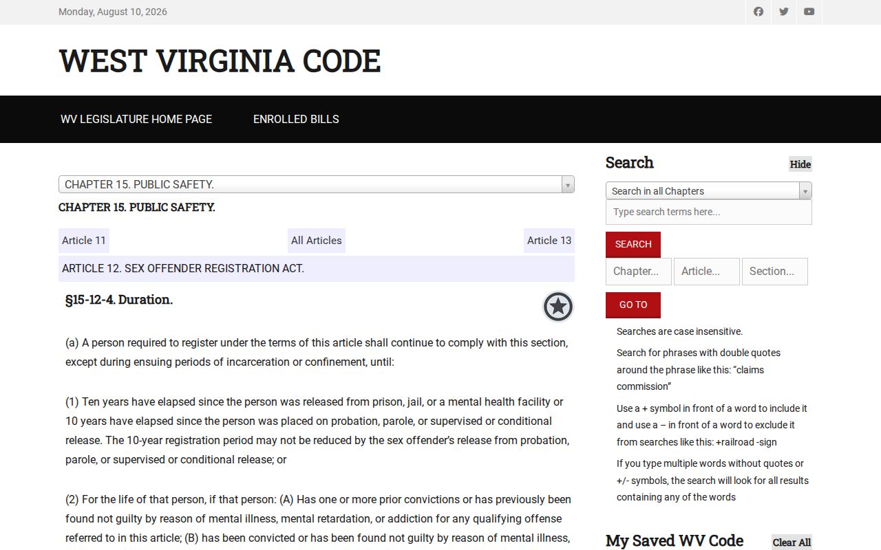 Fayette County sex offender registry duration law in West Virginia Code
